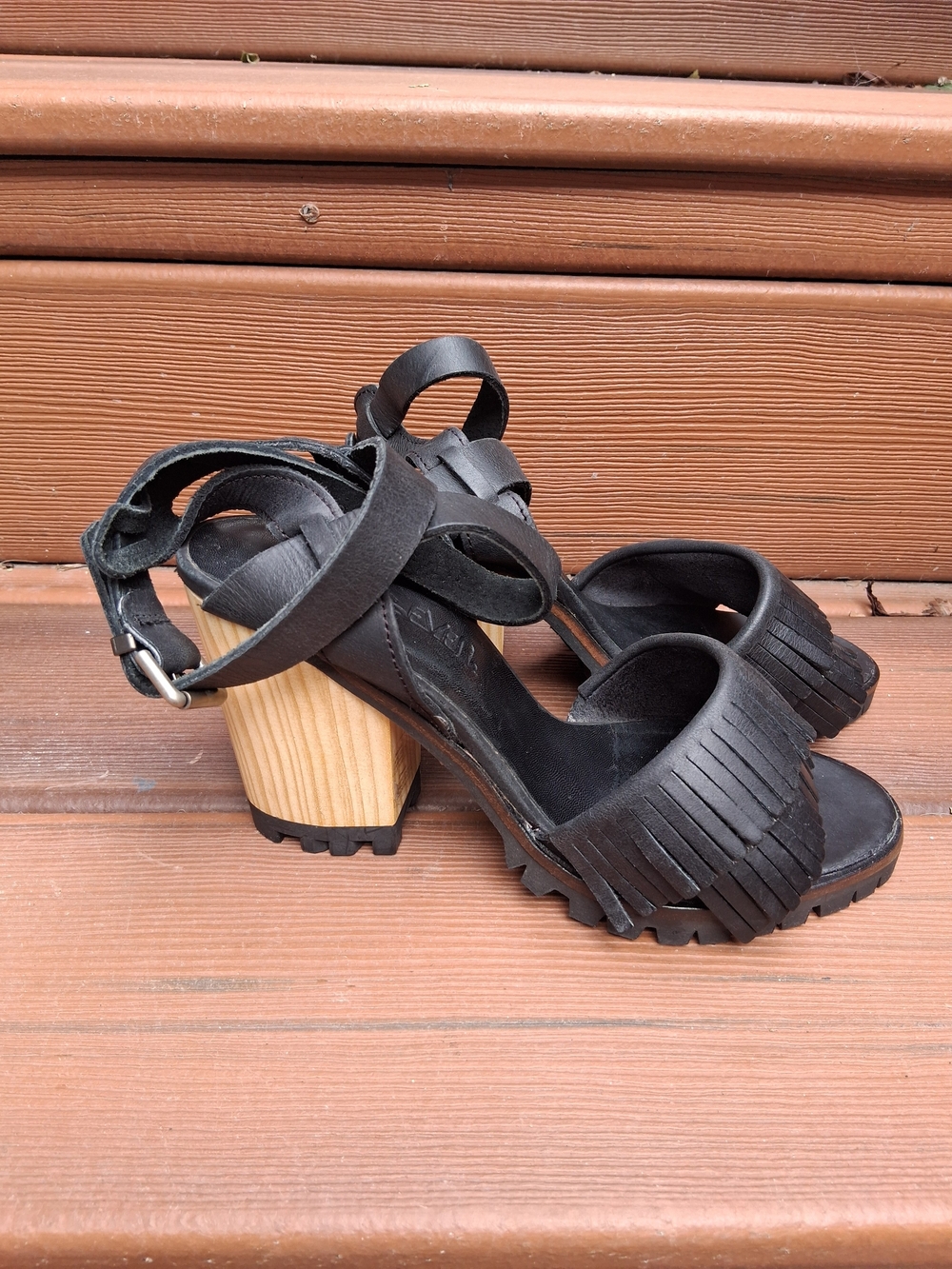 Sixtyseven Black Leather Fringe Platform Sandals - Made in Spain - Size 37